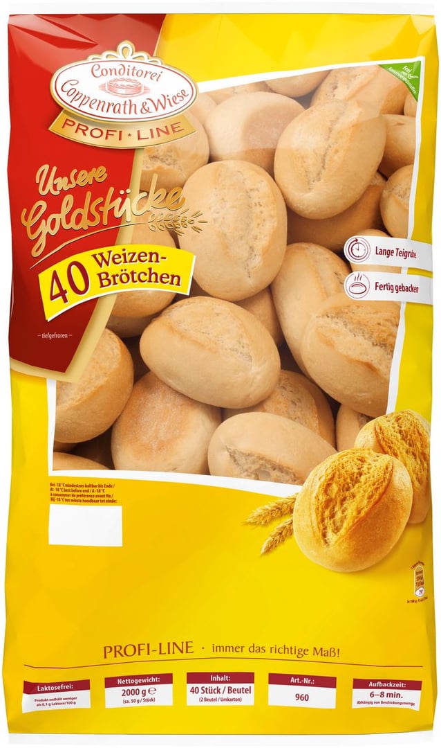 Coppenrath & Wiese - Unsere Goldstücke Weizen-Brötchen, tiefgefroren, 40 Stück à ca. 50 g - 2 kg Beutel