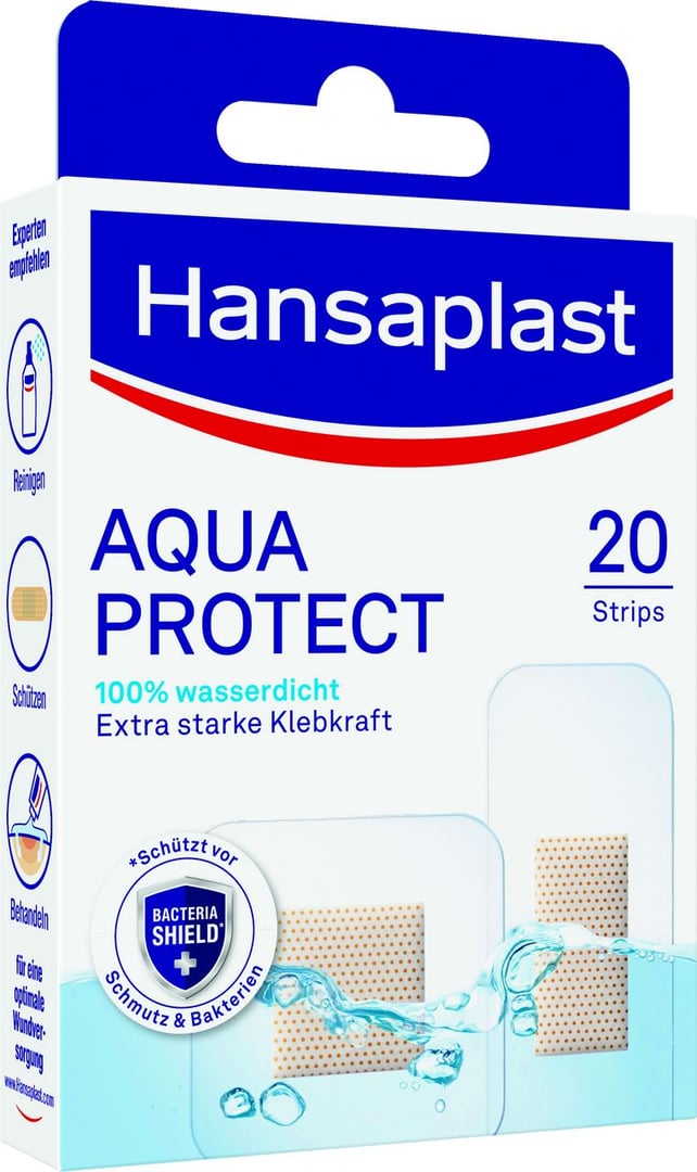 Hansaplast Aqua Protect Pflaster, 100 % wasserdicht, 12 Strips 25 x 72 mm, 8 Strips 39 x 39 mm - Packung