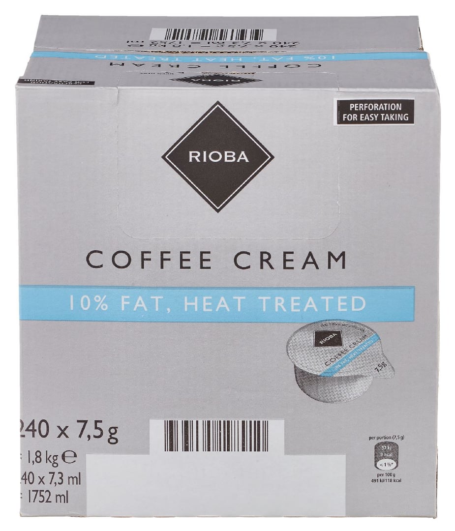 RIOBA - Kaffeesahne 10 % Fett Einzelportionen 240 Stück à 7,5 g - 1,8 kg Karton