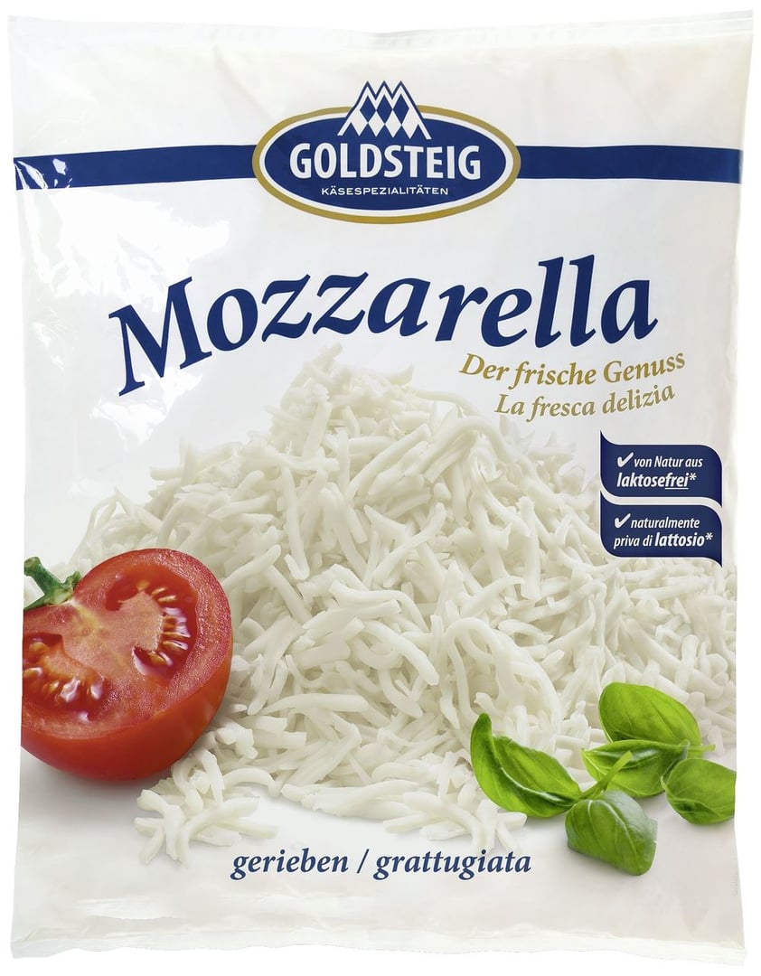 Goldsteig - Mozzarella gerieben Mozzarella, 1 Stück á 1 kg, 45 % Fett i. Tr., schnittfest, gerieben 1 kg Beutel