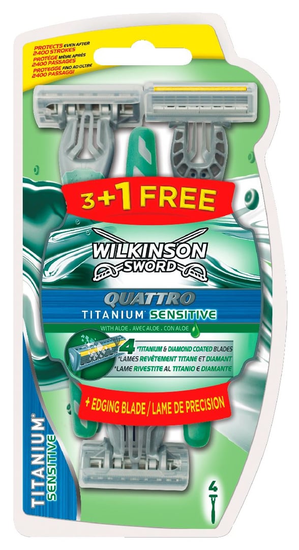 Wilkinson Sword Quattro Titanium Sensitive 4-Klingen Premium-Einwegrasierer 3 + 1