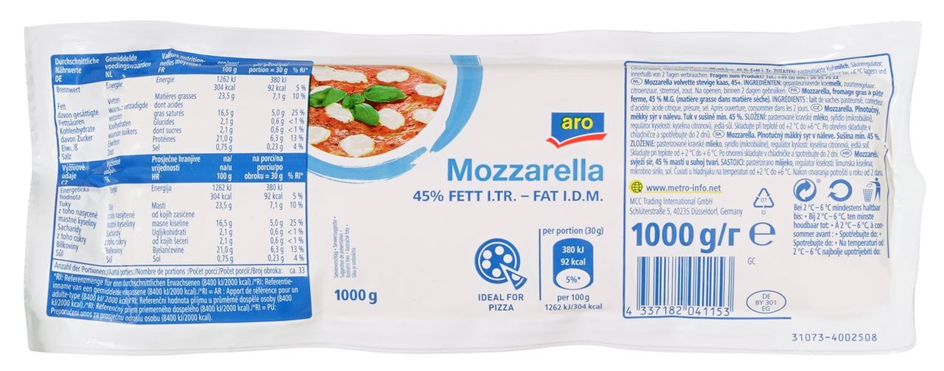 aro - Mozzarella 45 % Fett i. Tr. - 1 kg Packung