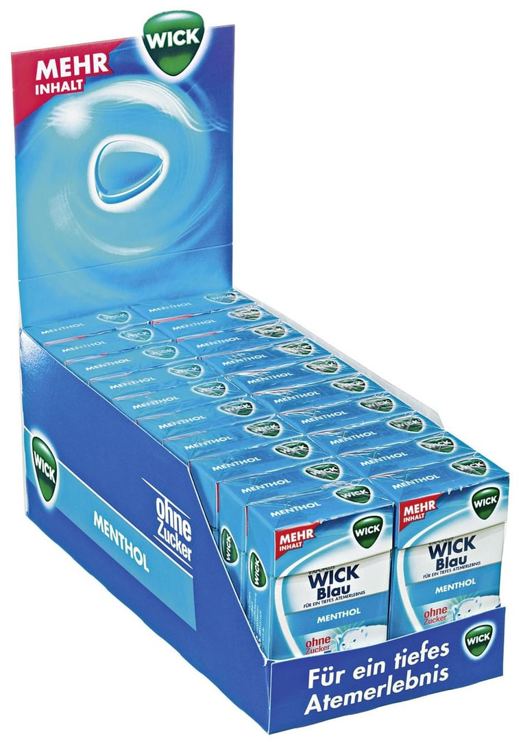 Wick Halsbonbons Blau Box ohne Zucker, 20 Stück à 46 g - 920 g Karton