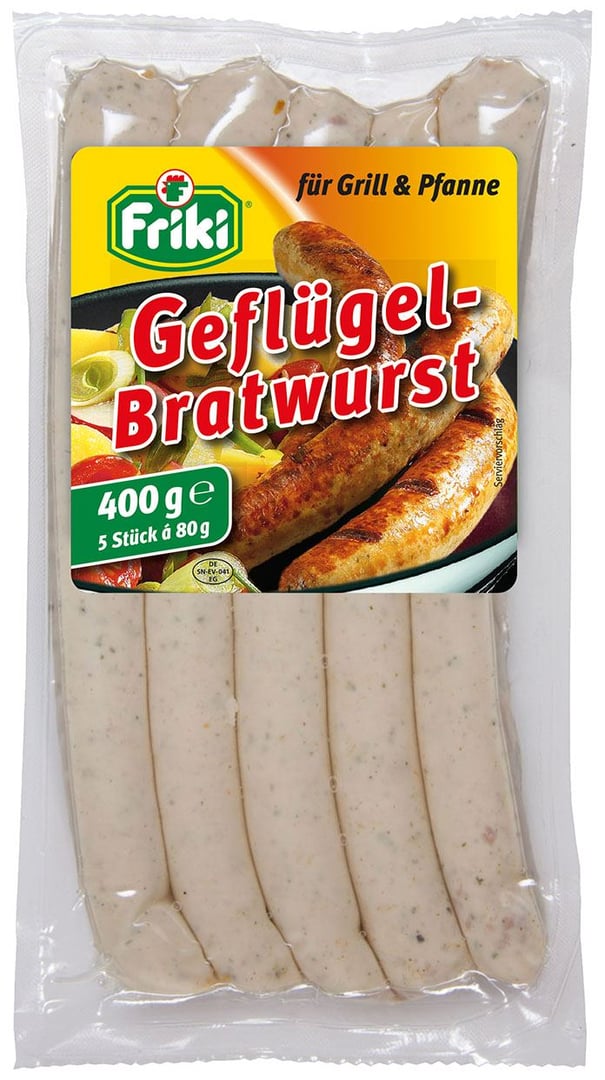Friki - Geflügel Bratwurst im Saitling, 5 Stück à ca. 80 g gekühlt - 400 g Schrumpfpackung