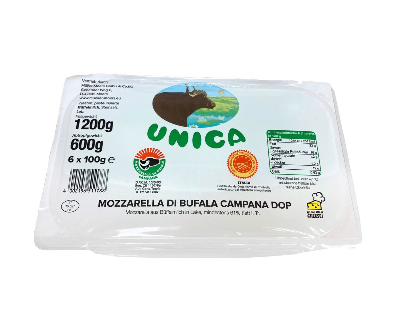 Unica - Mozzarella di Bufala Campana DOP mind. d 61 % Fett i.Tr. 6 Stück à 100 g - 600 g Stück