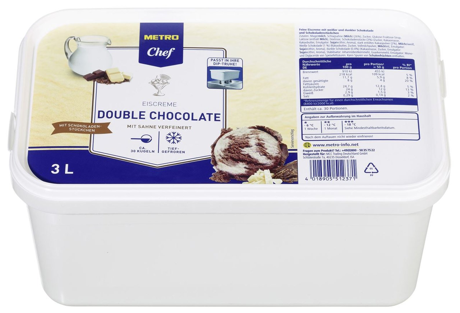 METRO Chef - Eiscreme Premium Double Chocolate tiefgefroren - 3 l Kanne