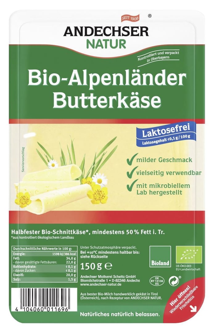 Andechser - Natur Bio Alpenländer Butterkäse 50 % Fett i. Tr. gekühlt, geschnitten - 150 g Packung