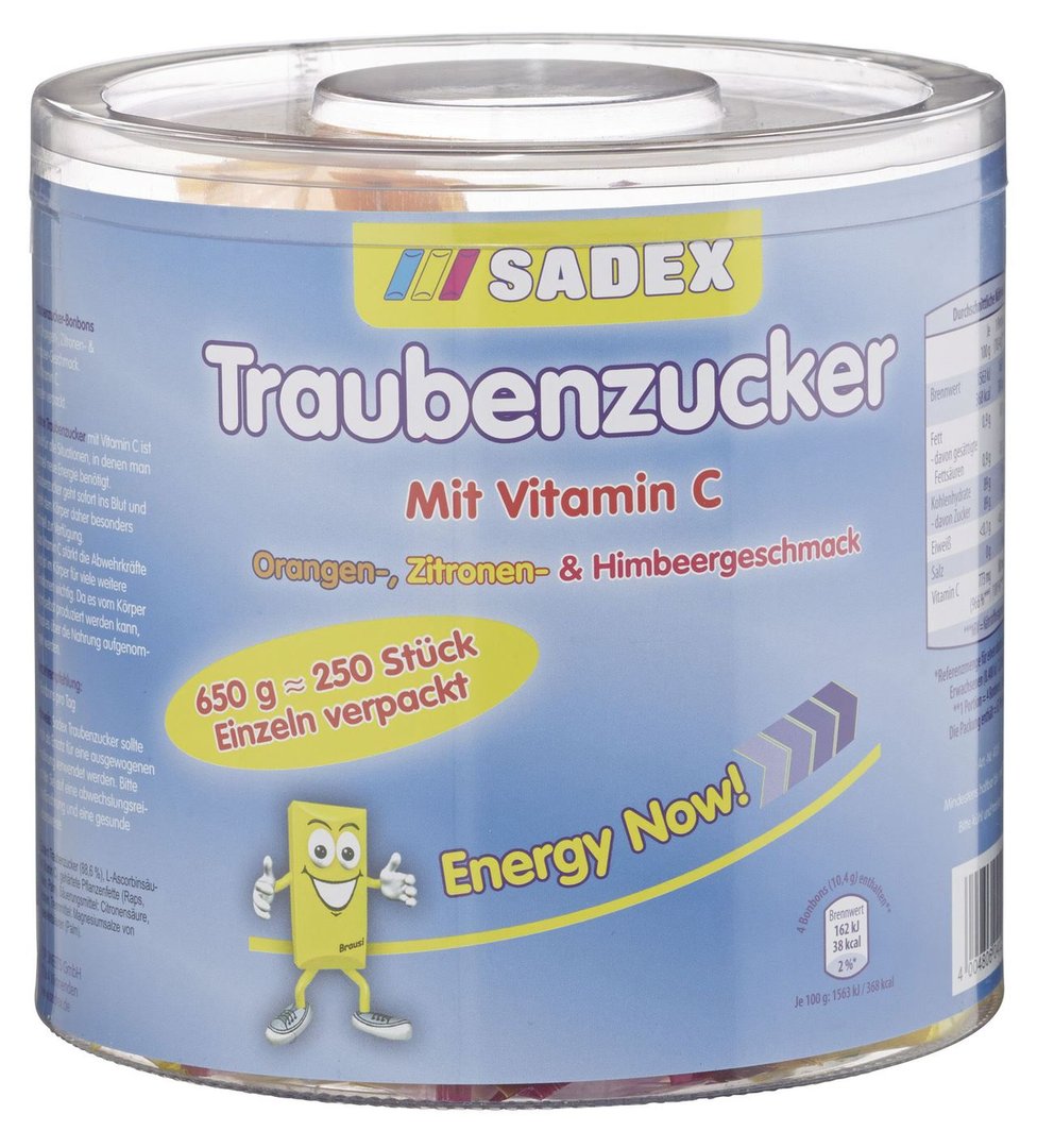 Sadex - Traubenzucker Mix aus Orange, Zitrone & Himbeer, mit Vitamin C 12 x 650 g Dosen