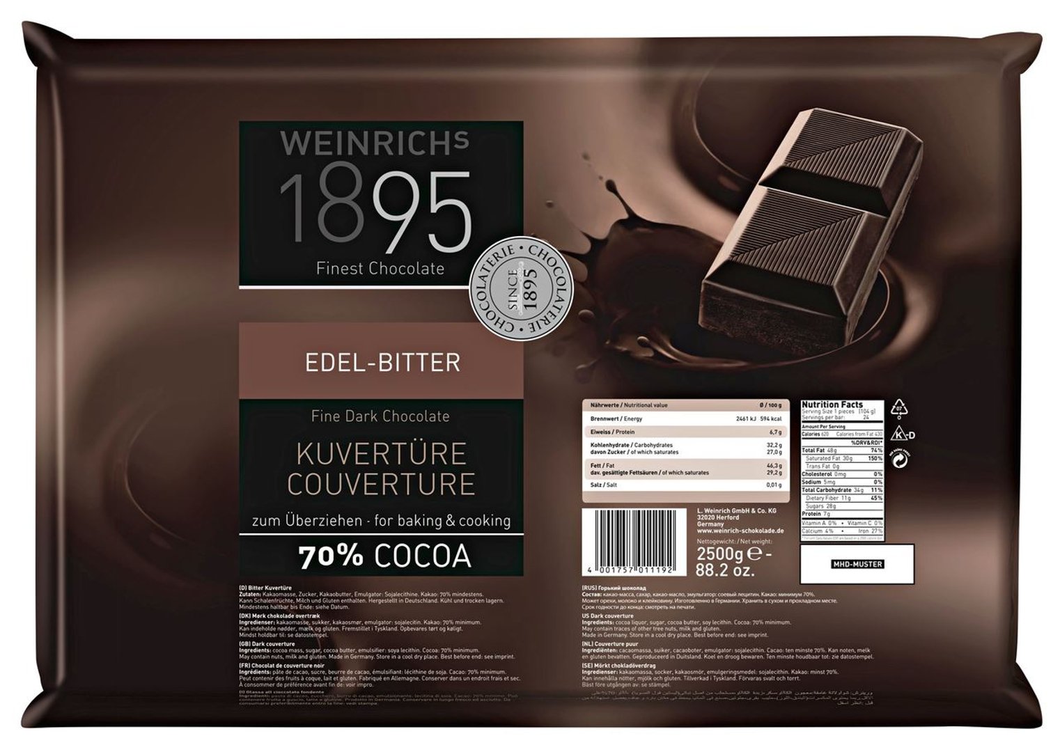 Weinrich - Kuvertüre Edelbitter 70 % Kakaogehalt 2,5 kg Packung