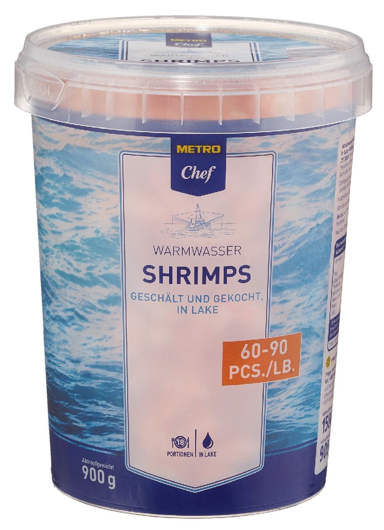 METRO Chef - Warmwasser Shrimps geschält, gekocht, in Lake, 60-90 Stück - 900 g Tiegel