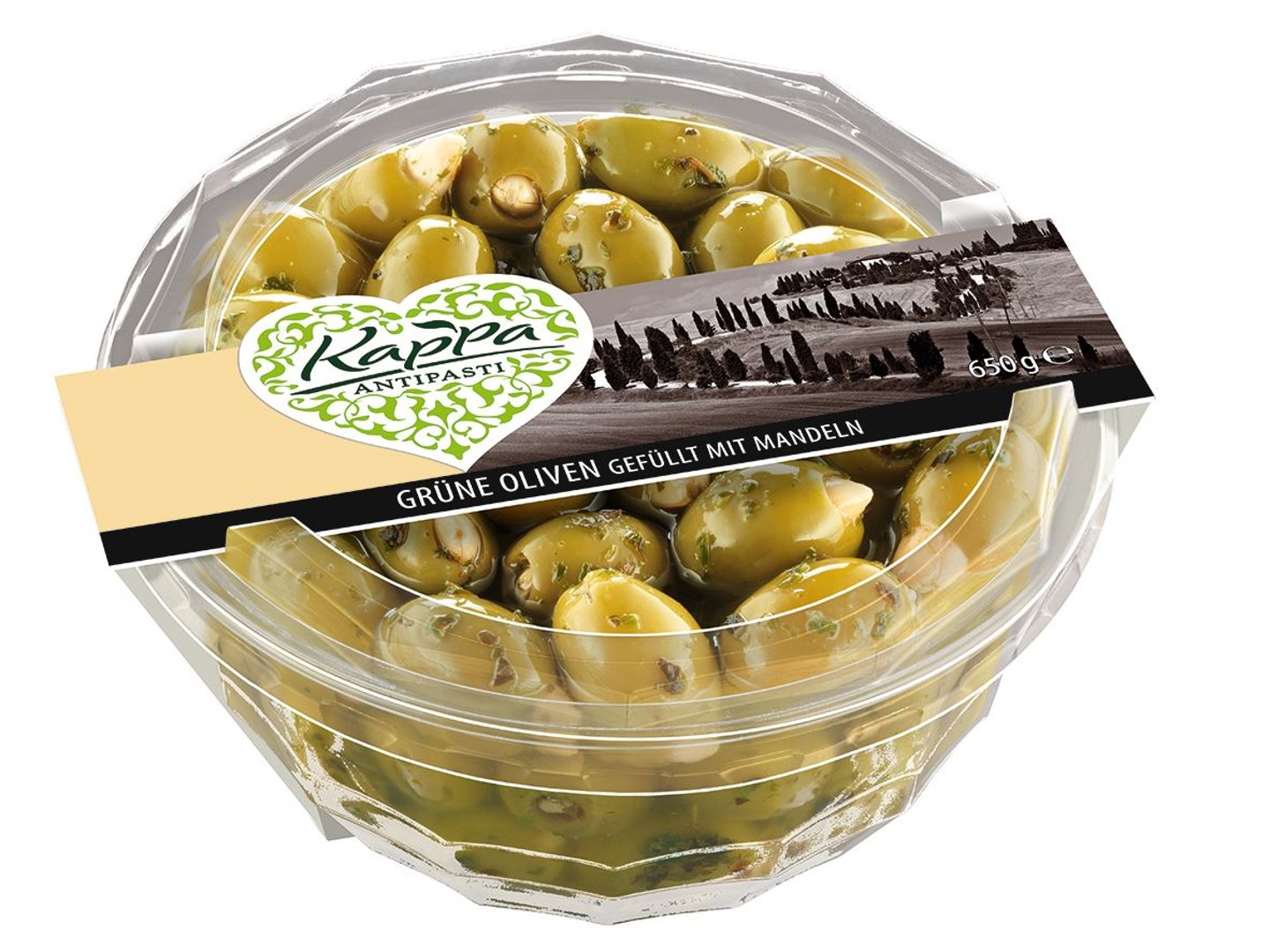 Kappa Oliven Grün gefüllt mit Mandeln gekühlt - 650 g Packung