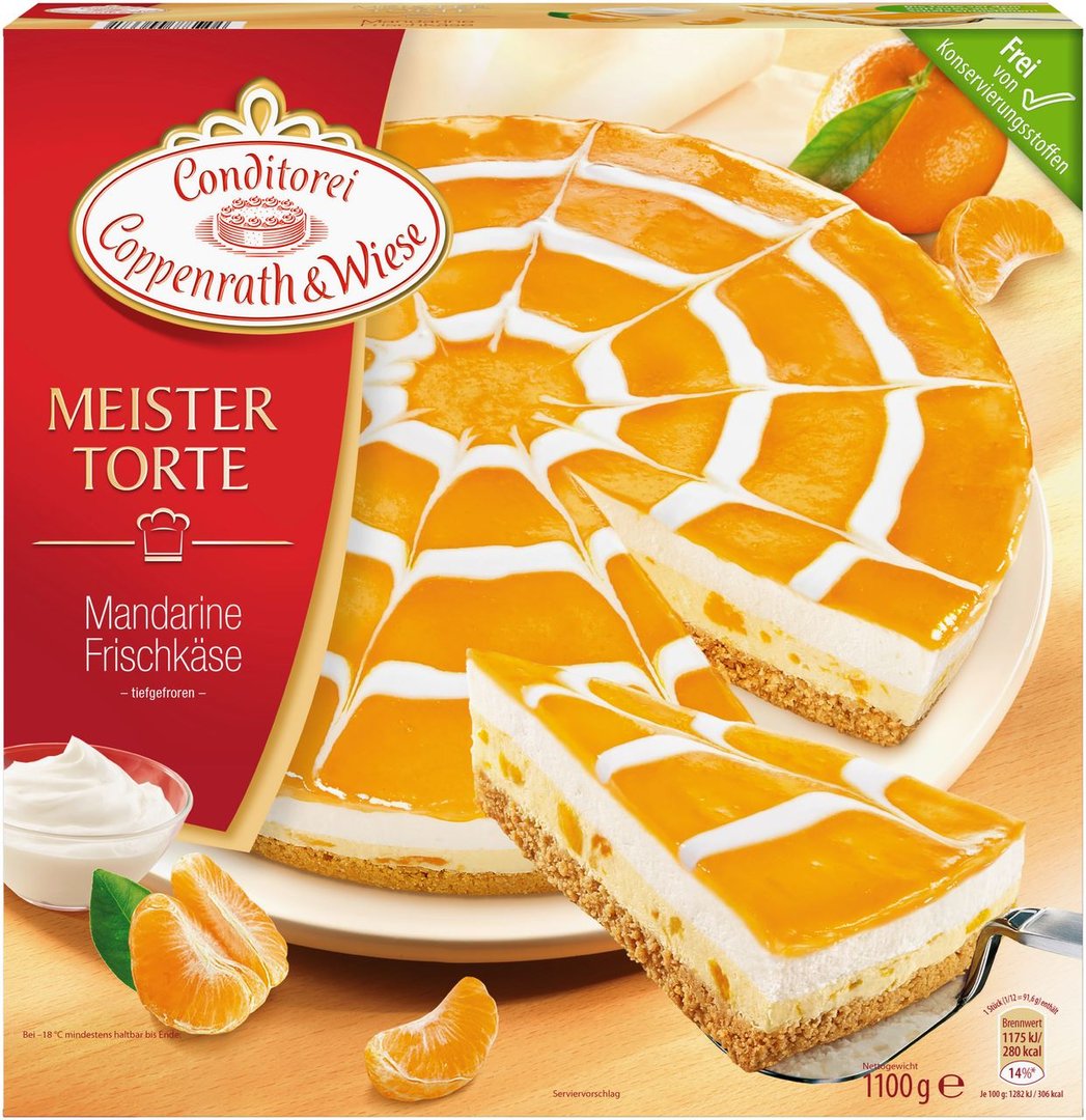 Coppenrath & Wiese - Meistertorte Mandarinen Frischkäse Torte tiefgefroren fertig gebacken - 1 x 1,1 kg Schachtel