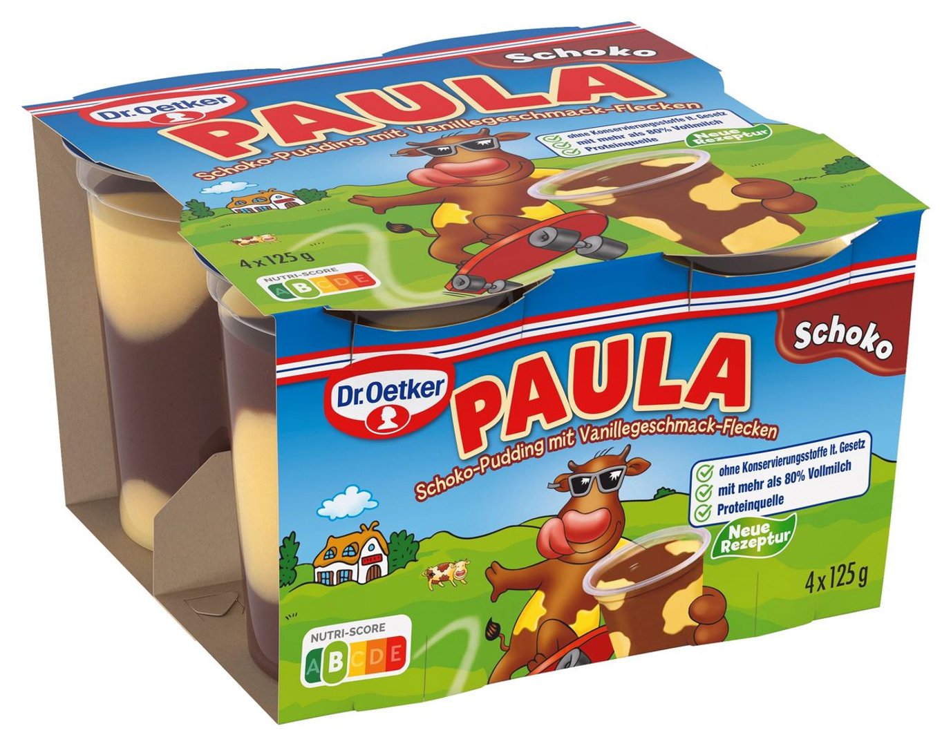 Paula - Pudding mit Flecken Schoko mit Vanille 4 x 125 g, 3,9 % Fett - 500 g Packung