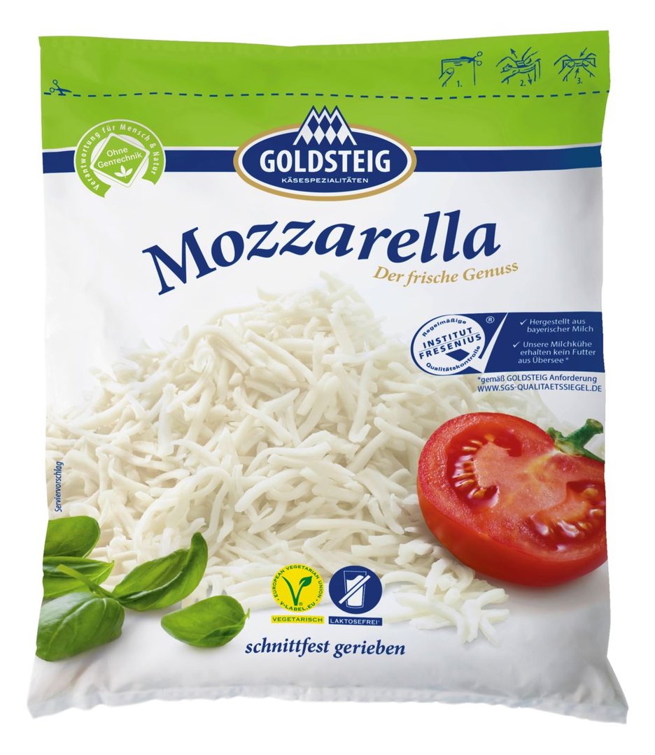 Goldsteig - Mozzarella schnittfest gerieben, 40% Fett i.Tr., vegetarisch, gekühlt - 200 g Beutel