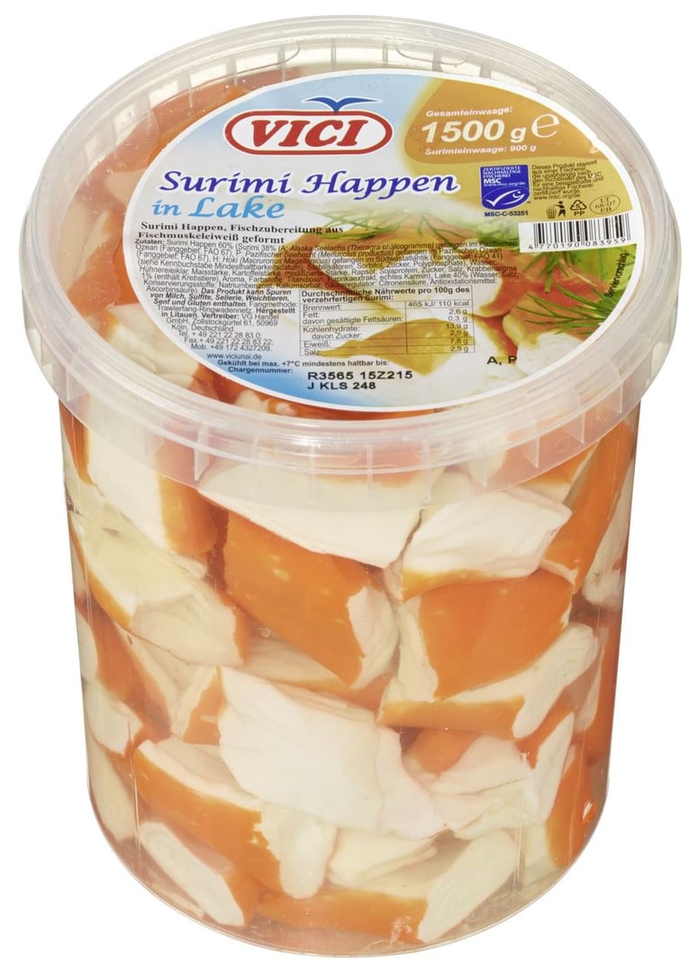 Vici - Surimi Chunks Happen Krebsfleischimitat aus Fischmuskeleiweiß geformt, in Lake 1,5 kg Eimer