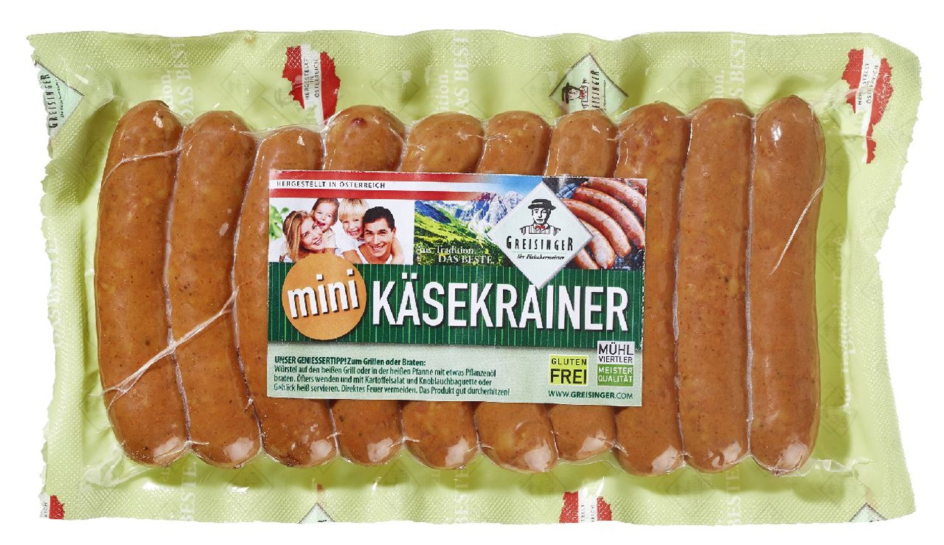Greisinger - Mini Käsekrainer gekühlt gebrüht aus Schweinefleisch 10 Stück à 30 g - 1 x 300 g Packung