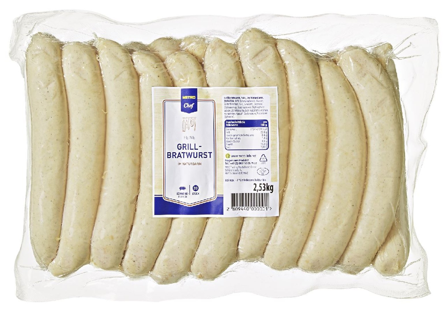 METRO Chef - Grill Bratwurst im Naturdarm, gekühlt - ca. 2,5 kg Packung