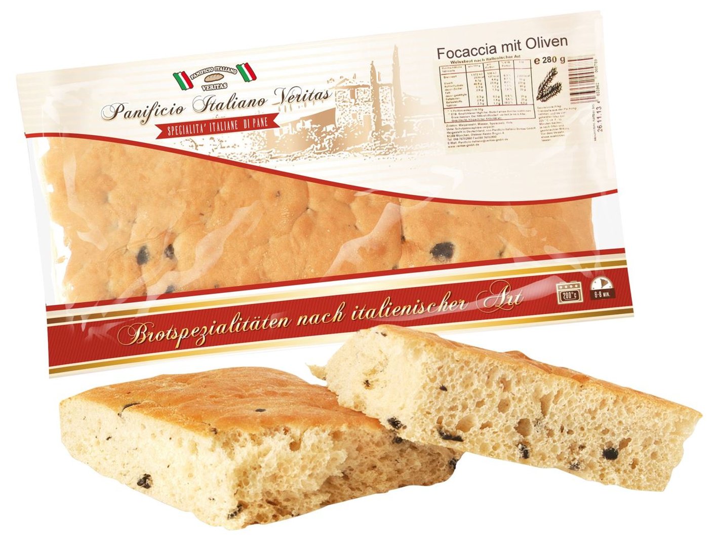 Panificio Italiano Veritas - Focaccia con Olive Italienische Brotspezialität mit mediterranen Oliven 280 g
