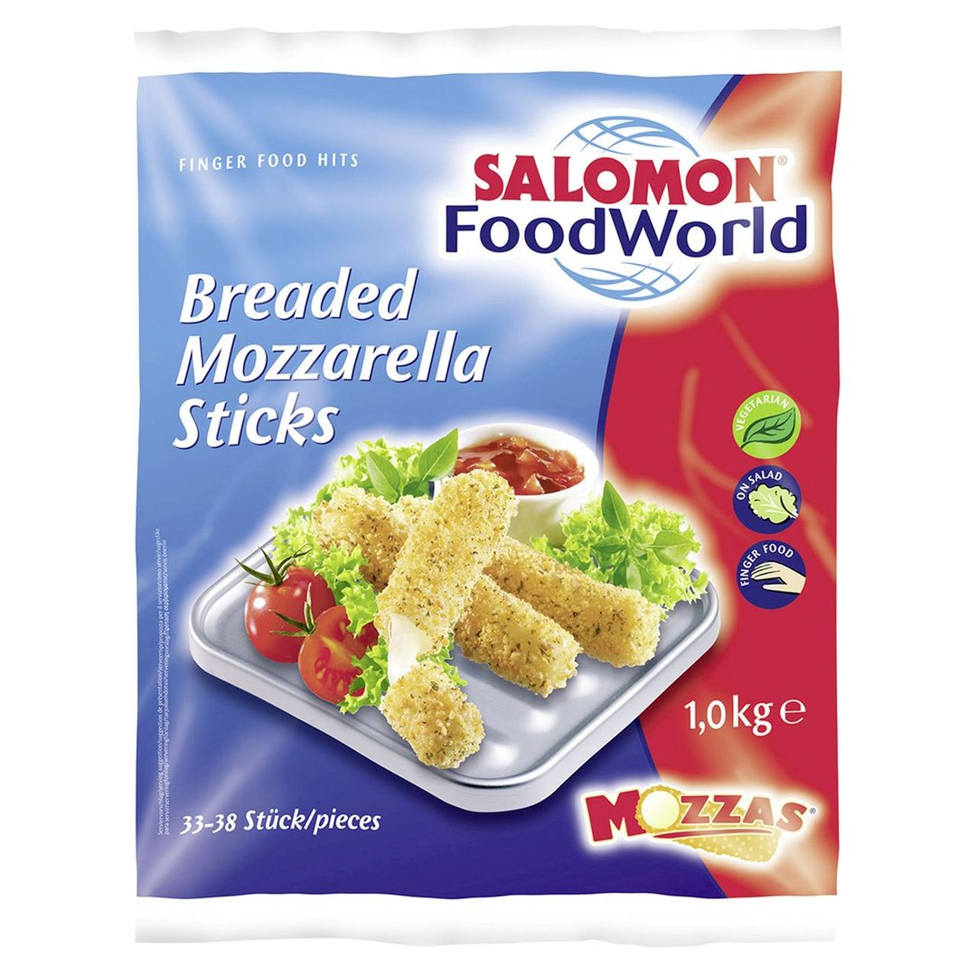 SALOMON FoodWorld - Breaded Mozzarella Sticks tiefgefroren, ca. 33 - 38 Stück ,vorgebacken,vegetarisch, Mozzarella Stangen in würziger Knusperpanade 6 x 1 kg Beutel
