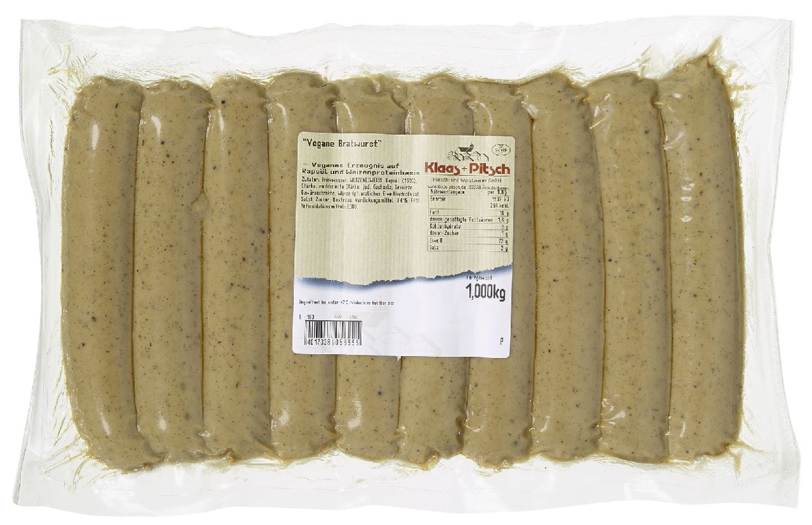 Klaas & Pitsch - Vegane Bratwurst 10 Stück à 100 g - 1 kg Schrumpfpackung