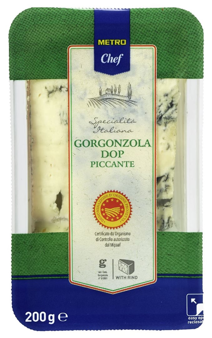 METRO Chef - Gorgonzola Piccante mit Rinde, DOP, 48 % Fett i. Tr. - 200 g Packung