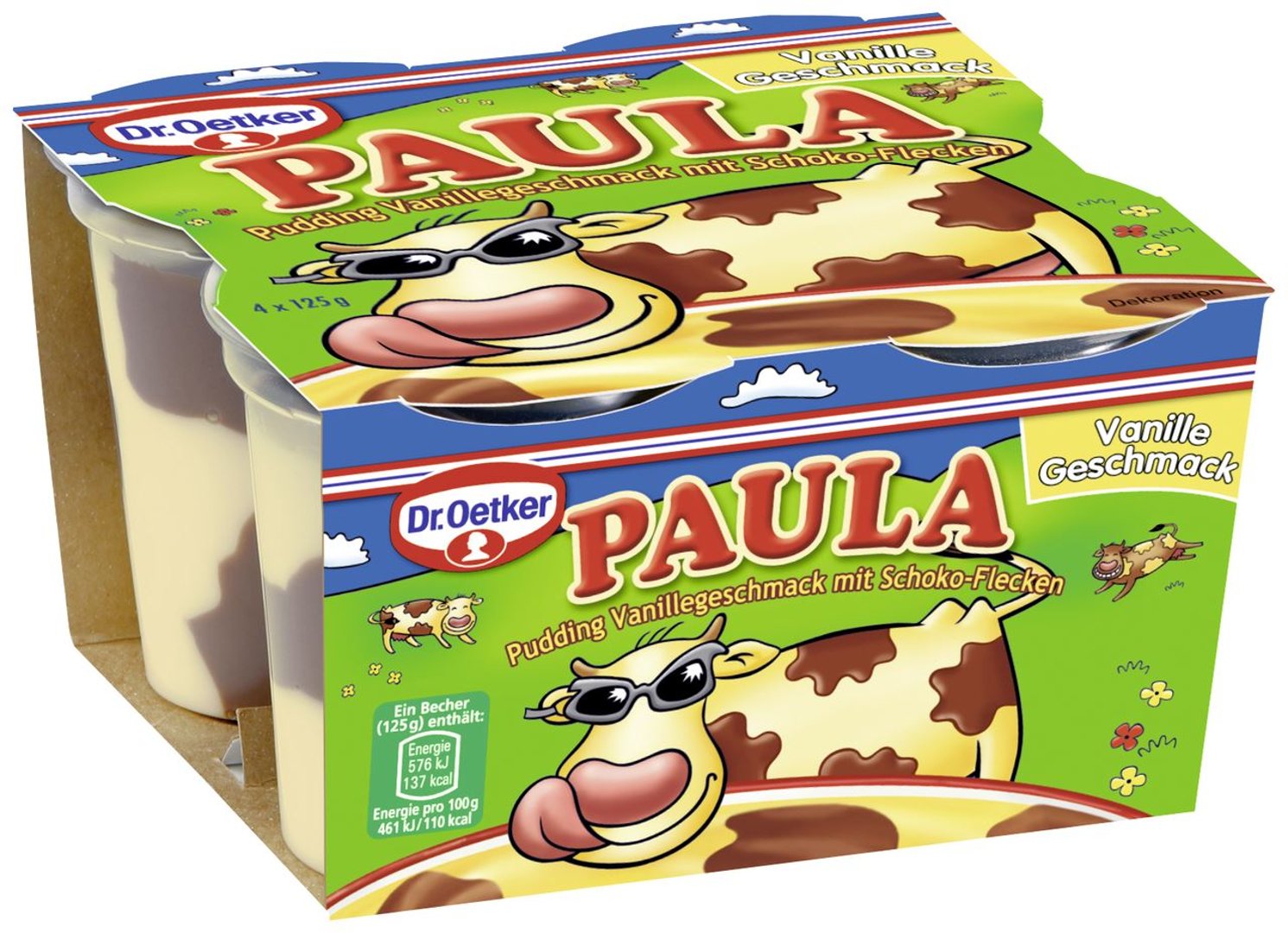 Paula - Pudding mit Flecken 4 x 125 g, 3,9 % Fett - 3 x 500 g Packungen