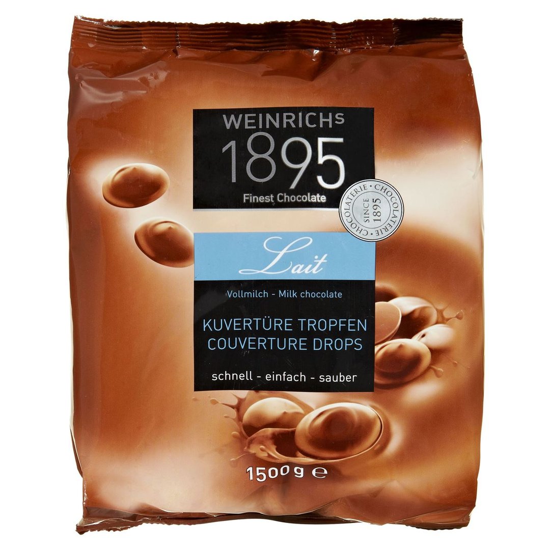 Weinrich - Lait Kuvertüre Tropfen Vollmilch 38% Kakaogehalt 1,5 kg Packung