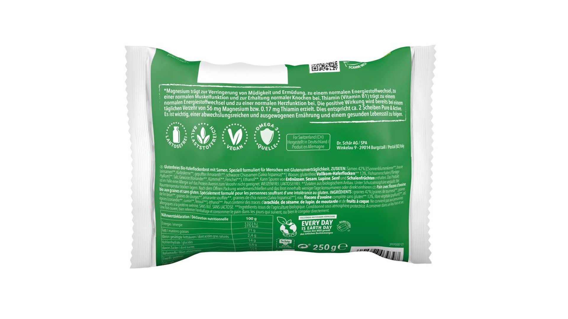 Schär - Bio Pure & Active Körnerbrot glutenfrei - 250 g Beutel