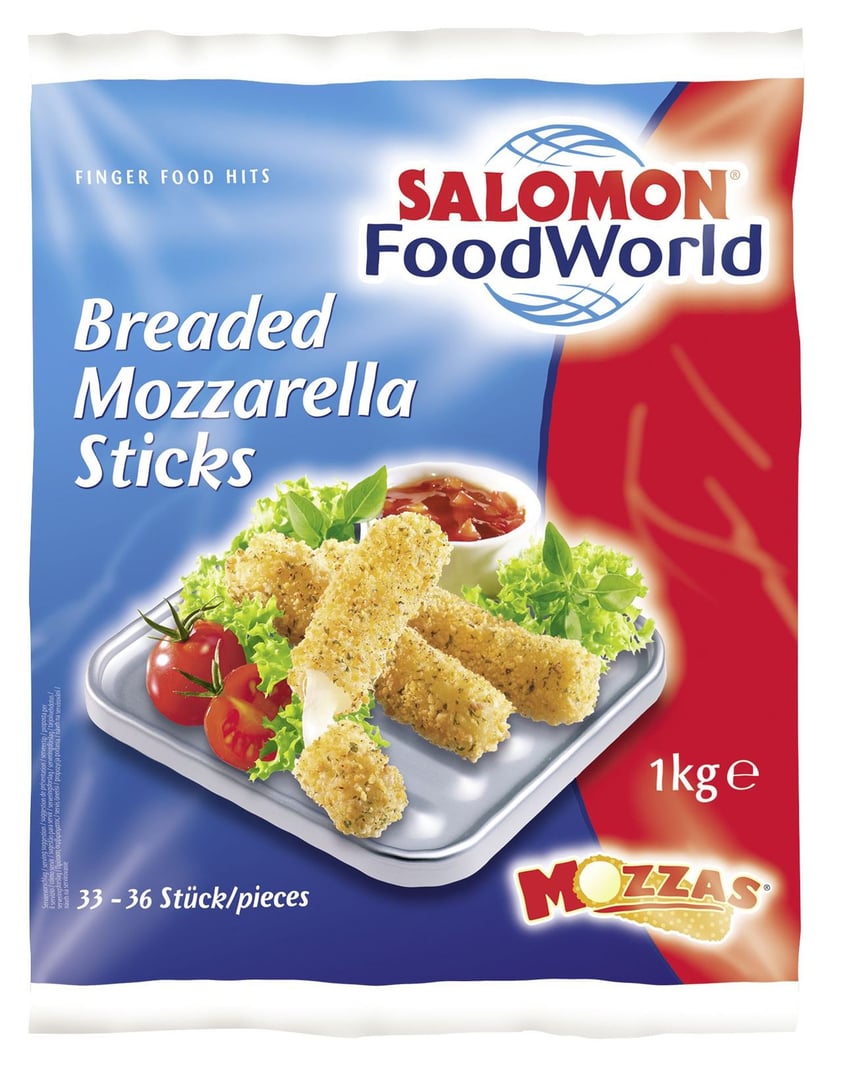 SALOMON FoodWorld - Breaded Mozzarella Sticks tiefgefroren, ca. 33 - 38 Stück ,vorgebacken,vegetarisch, Mozzarella Stangen in würziger Knusperpanade 1 kg Beutel