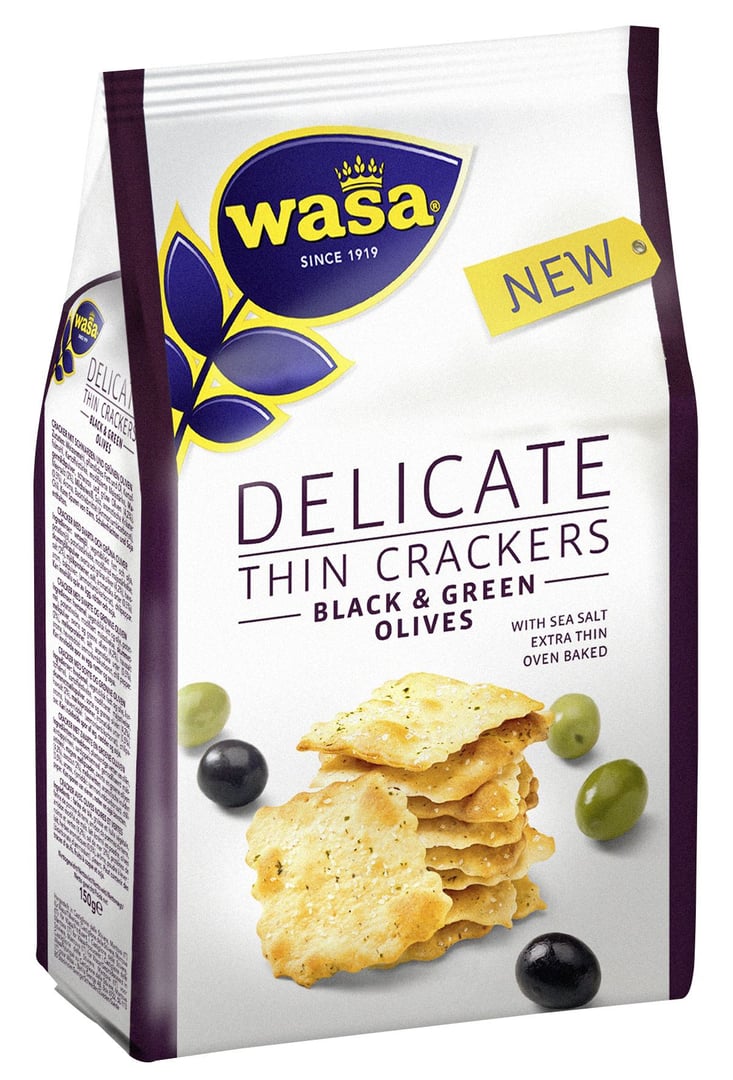 Wasa - Delicate Thin Crackers Olive dünne Cracker aus Kartoffelmehl mit Meersalz gebacken, mit Olivenöl verfeinert 150 g Paket