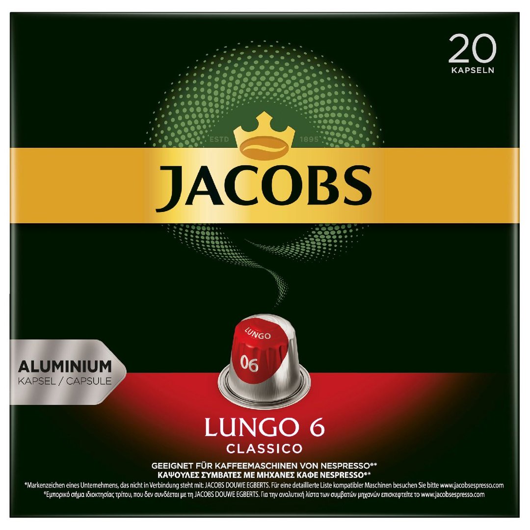 Jacobs - Espresso 6 Nespresso Kaffekapseln Lungo Classico 20 Stück - 104 g Schachtel