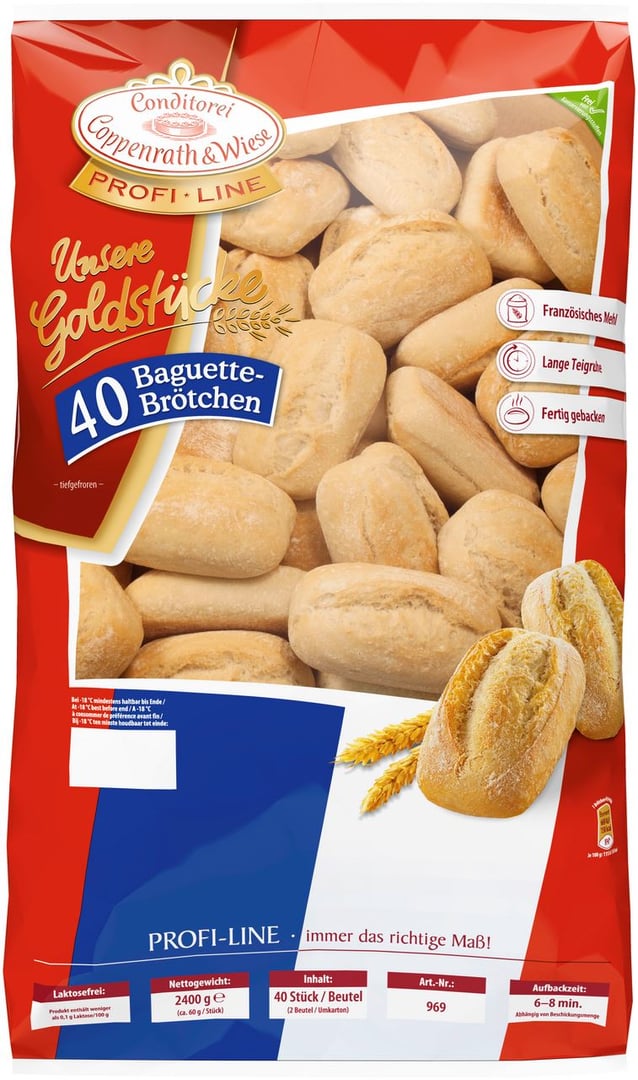 Coppenrath & Wiese - Unsere Goldstücke Baguette-Brötchen tiefgefroren, vorgebacken, 40 Stück à 60 g - 2,4 kg Beutel