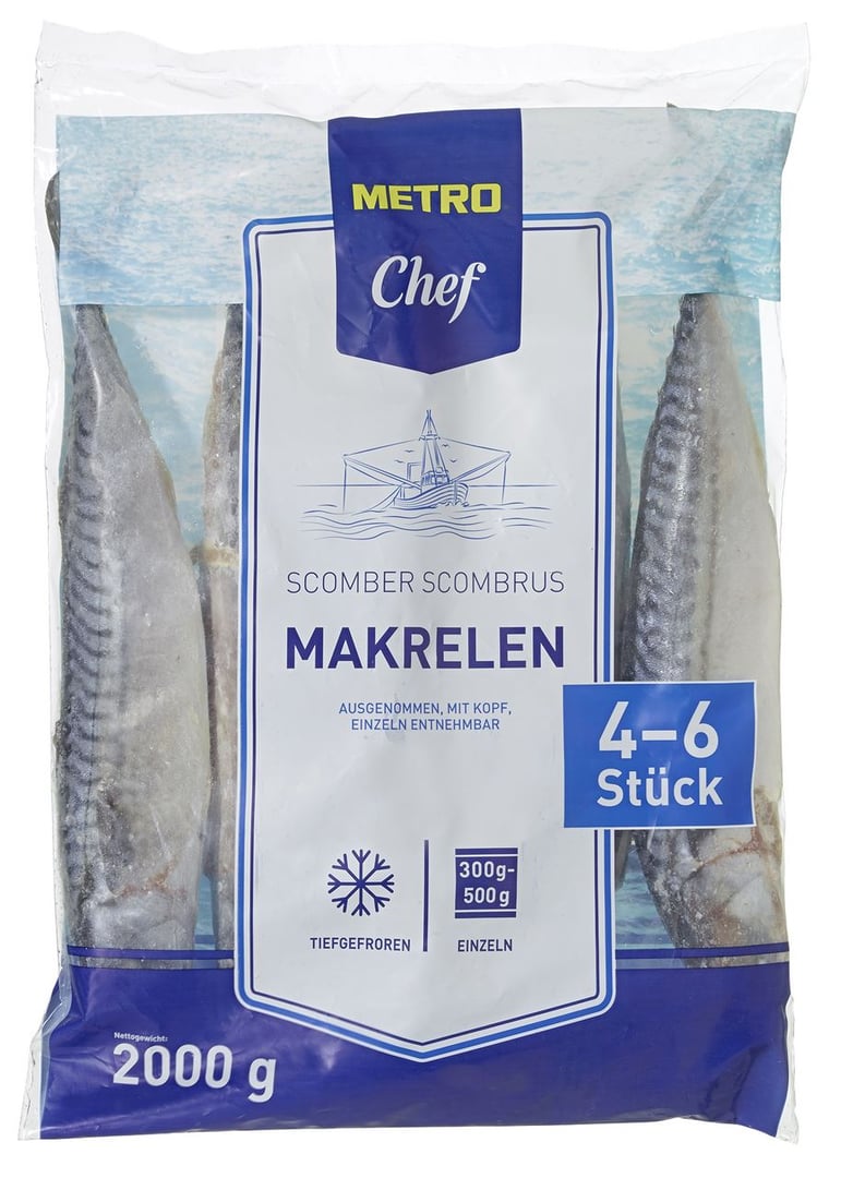 METRO Chef - Makrelen tiefgefroren, ausgenommen, mit Kopf, Wildfang, ca. 300 - 500 g Stücke, 2 kg Beutel