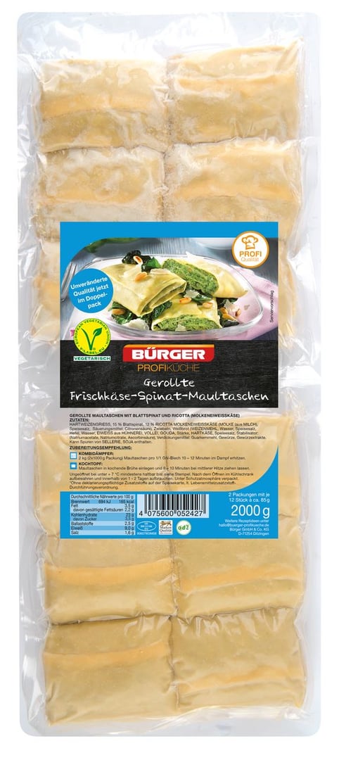 Bürger - Gerollte Frischkäse-Spinat-Maultaschen - 1 x 2 kg Schale
