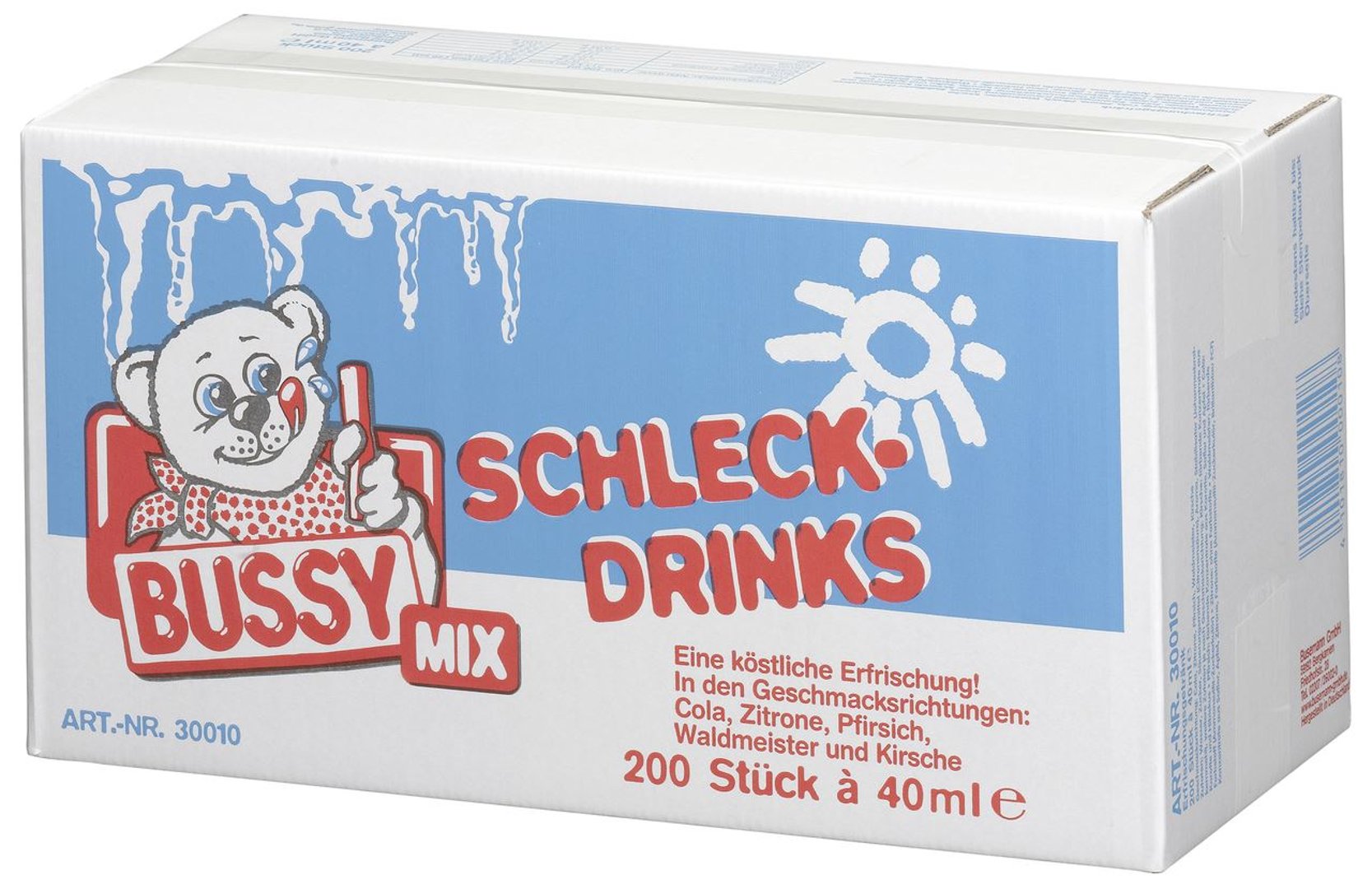 Bussy - Wassereis 200 Stück à 40 ml, Mix aus Cola, Zitrone, Erdbeere, Waldmeister, Kirsche 200 x 8 l
