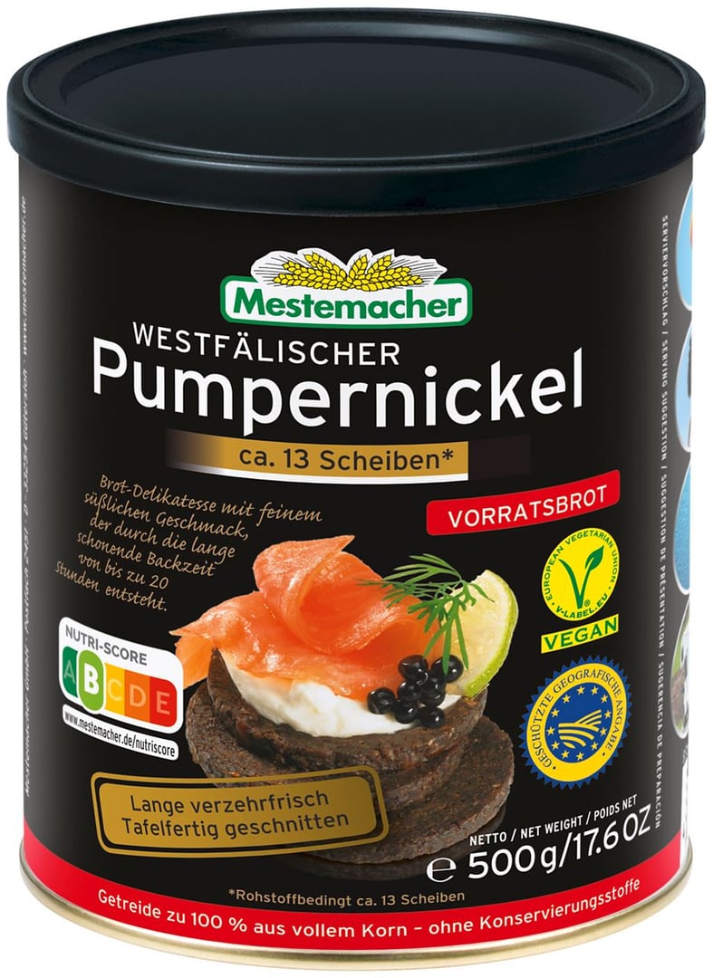 Mestemacher - Pumpernickel 15 Stück á ca. 30 g, aus 100 % Vollkornweizen 500 g Dose