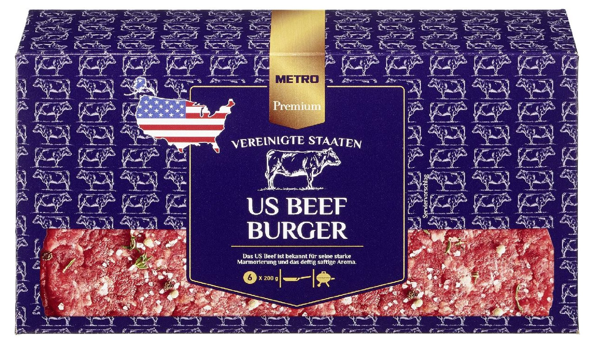 METRO Premium - American Beef Burger tiefgefroren, 6 Stücke à 200 g, vak.-verpackt - 6 x 1,2 kg Packungen