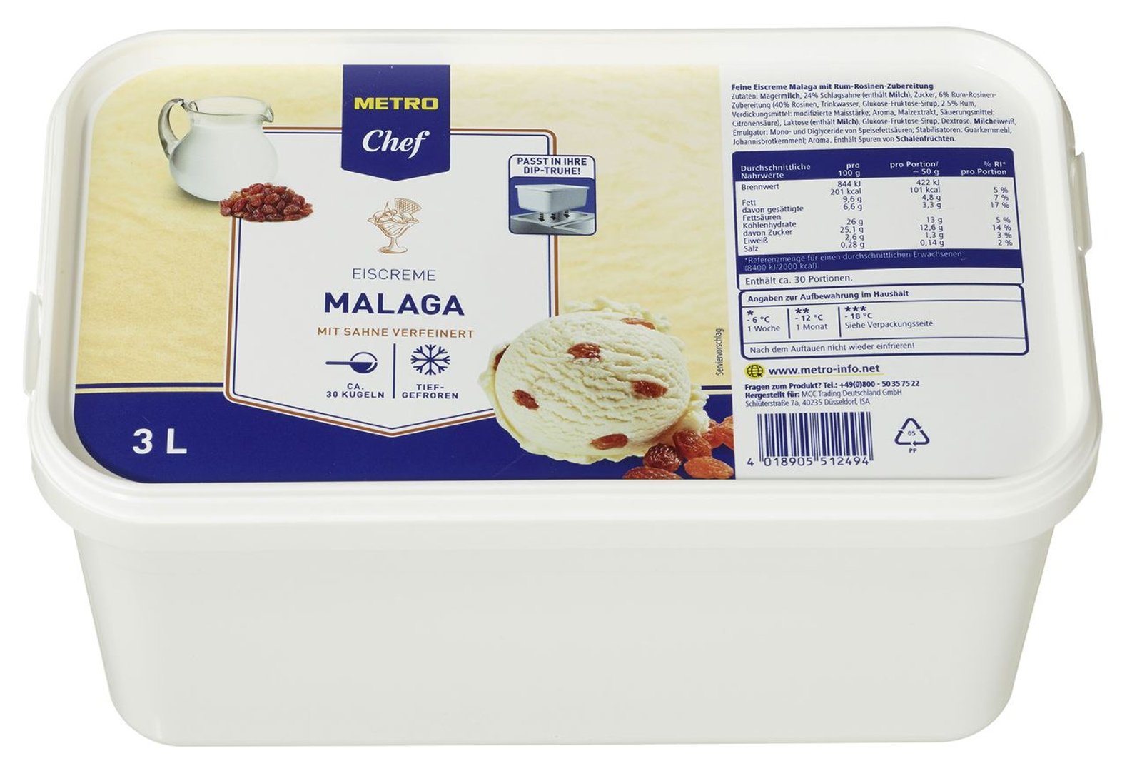 METRO Chef - Eiscreme Malaga mit Rumrosinen tiefgefroren - 3 l Kanne