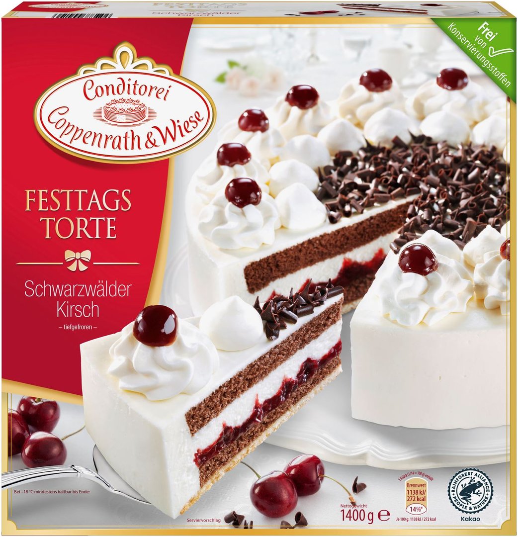 Coppenrath & Wiese - Festtagstorte Schwarzwälder Kirsch Torte tiefgefroren fertig gebacken - 1 x 1,4 kg Schachtel