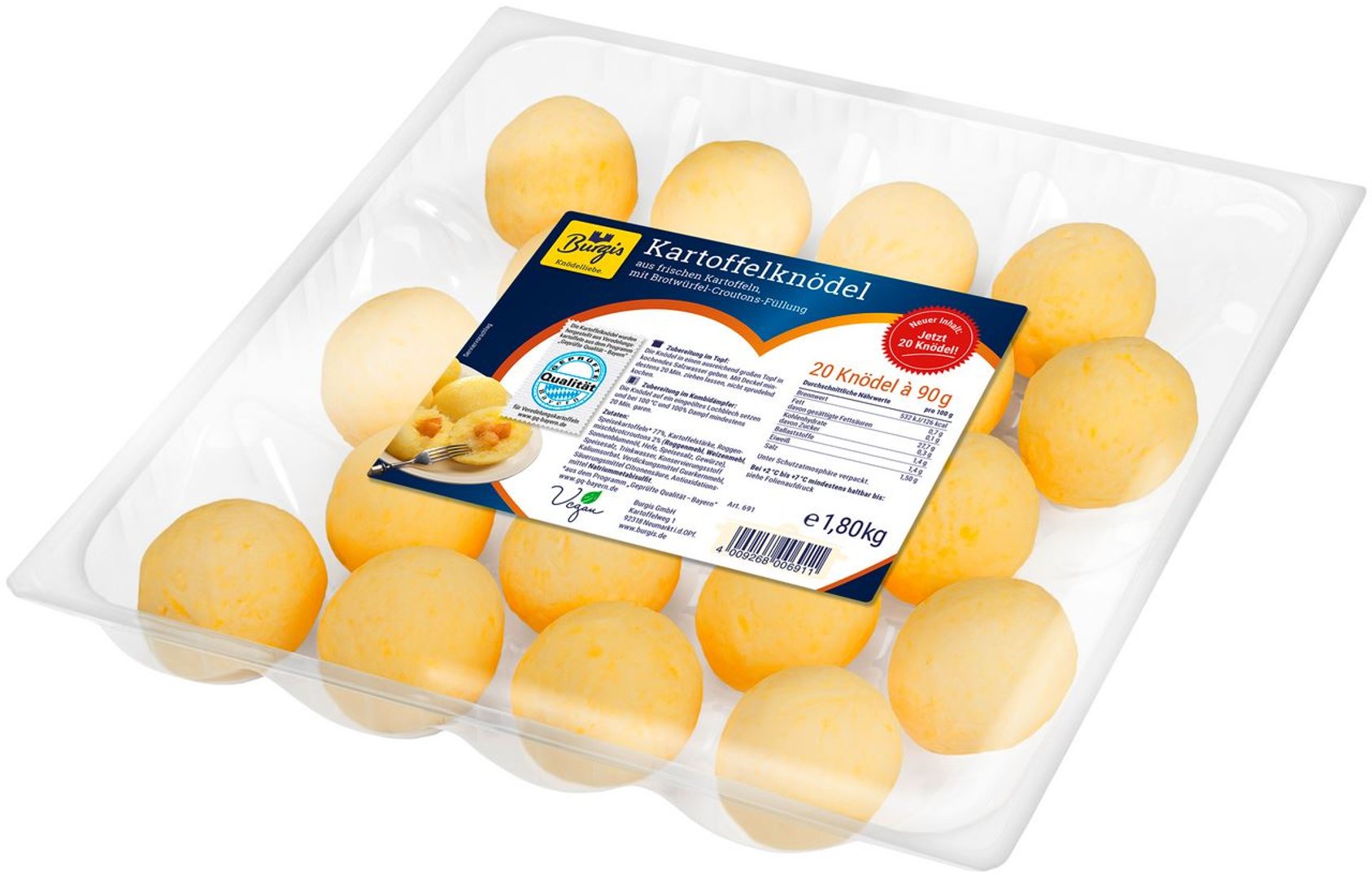 Burgis - Kartoffelknödel mit Brotwürfel-Croutons-Füllung, 20 Stück à 90 g - 1,8 kg Packung
