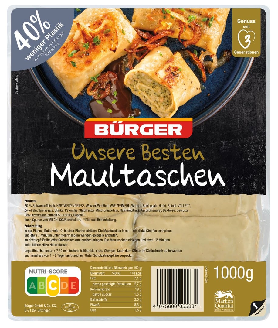 Bürger - Maultaschen Unsere Besten UNSERE BESTEN - 1,00 kg Packung