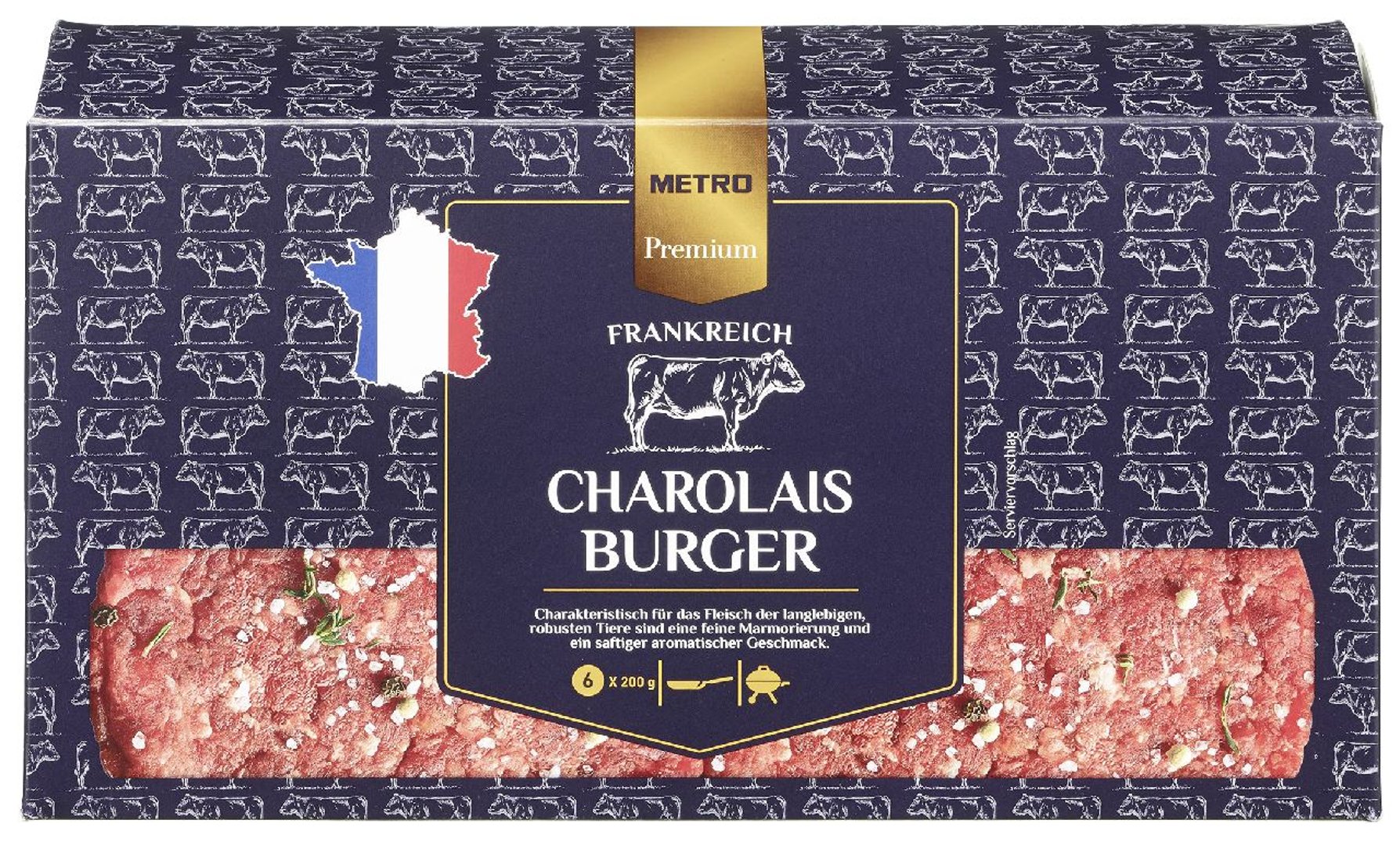 METRO Premium - Charolais Burger tiefgefroren, roh, 6 Stück à 200 g, vak.-verpackt 1,2 kg Packung