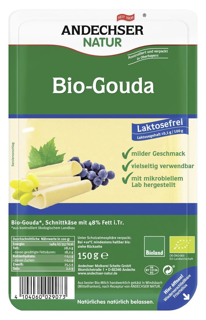 Andechser - Natur Bio Gouda 48 % Fett i. Tr. Schnittkäse - 150 g Packung