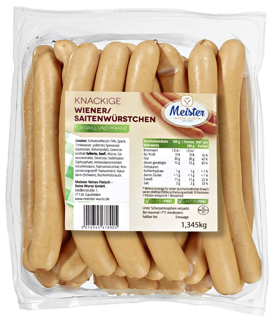 Meister - knackige Wiener Saitenwürstchen gebrüht, im Saitling, 24 Stück á 60 g, Aromaschutz-verpackt 1,5 kg Packung