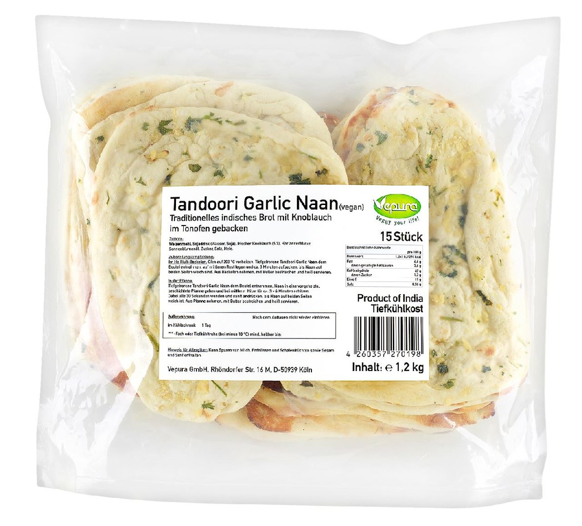 Vepura - Vegan Tandoori Garlicnaa tiefgefroren 15 Stück à 80 g - 1,2 kg Beutel