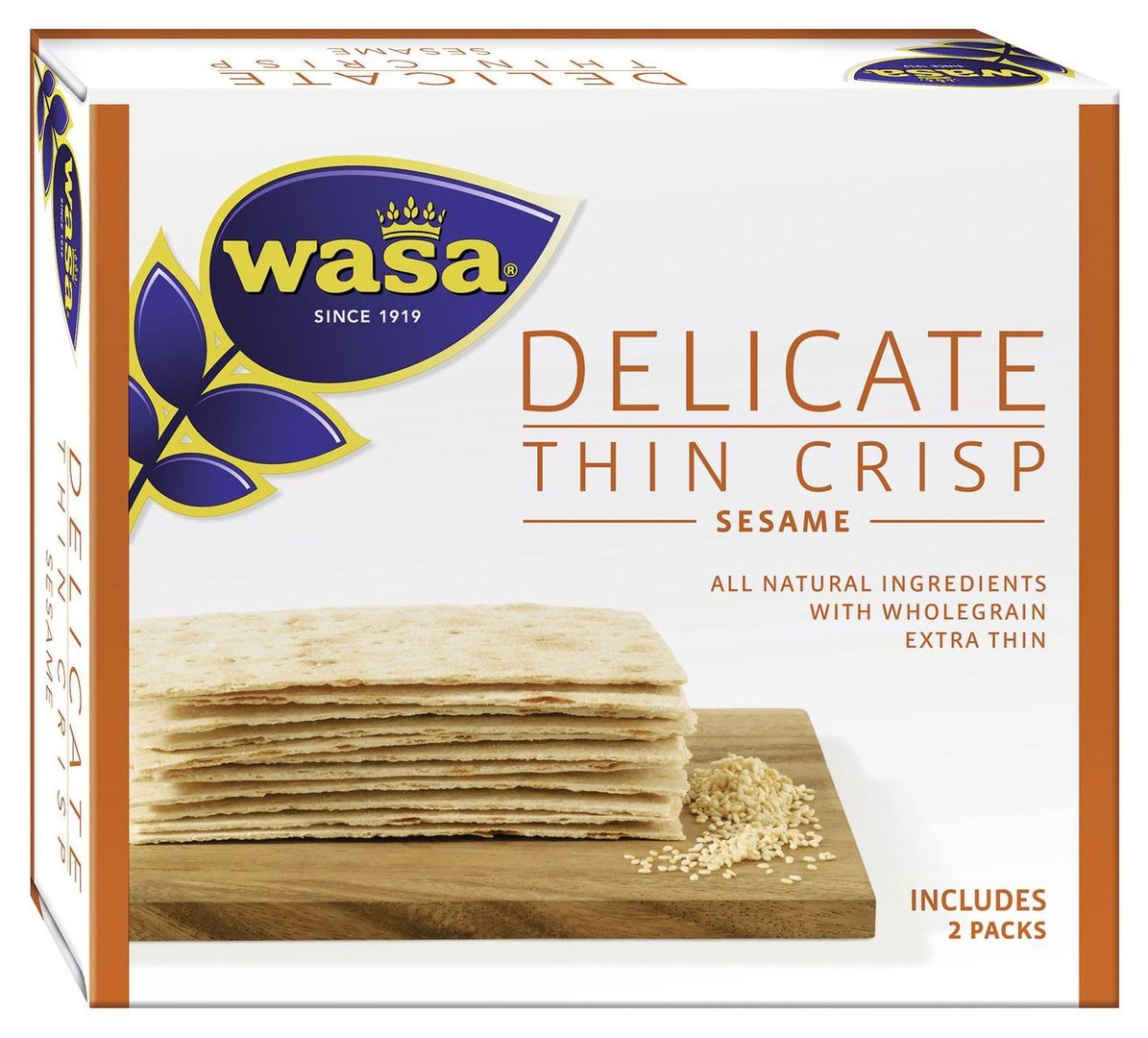 Wasa - Delicate Thin Chrisp Sesame extra dünnes Knäckebrot mit Sesam & Meersalz, aus Vollkorn Weizenmehl 190 g Paket