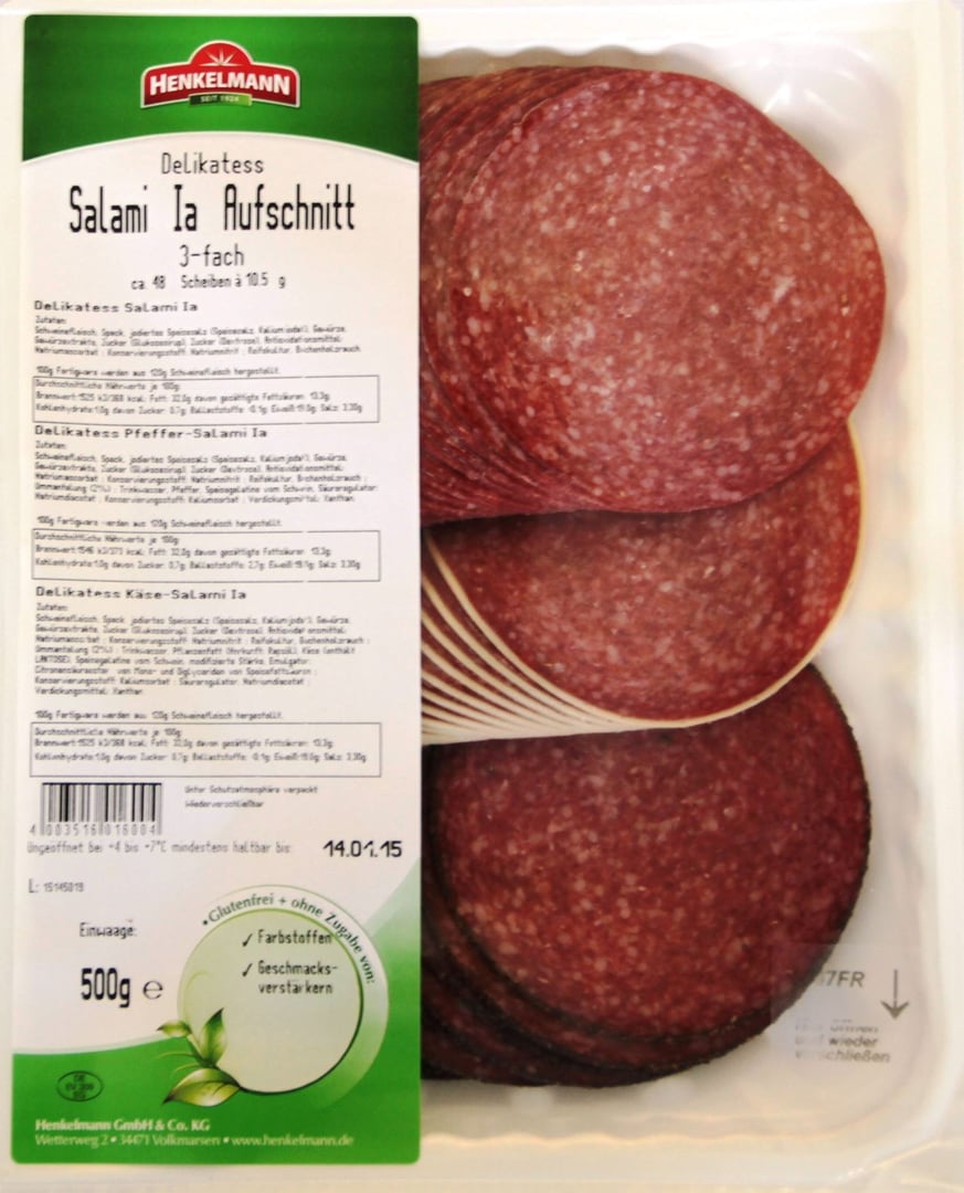 Henkelmann - Delikatess Salami Mix aus Salami, Pfeffer-Salami und Käse-Salami 500 g Packung