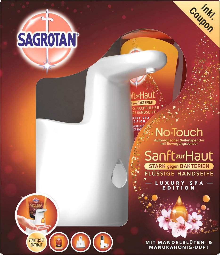Sagrotan Seifenspender No-Touch Starter-Set inkl. 250 ml Flüssigseife Feel-Good Edition - 500 g Karton