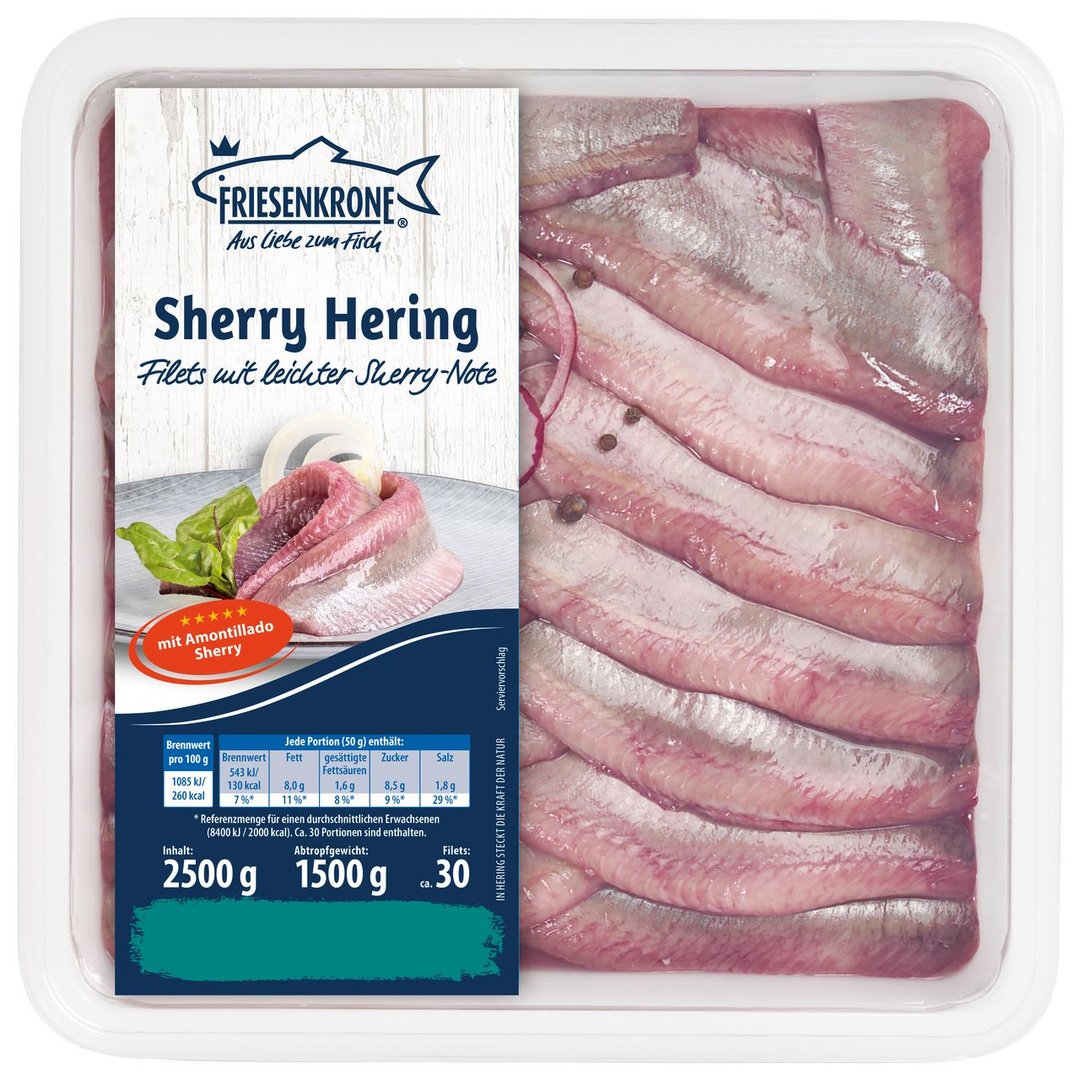 Friesenkrone - Dänische Heringsfilets mit Sherry-Note Abtropfgewicht 1,5 kg - 2,5 kg Schachtel