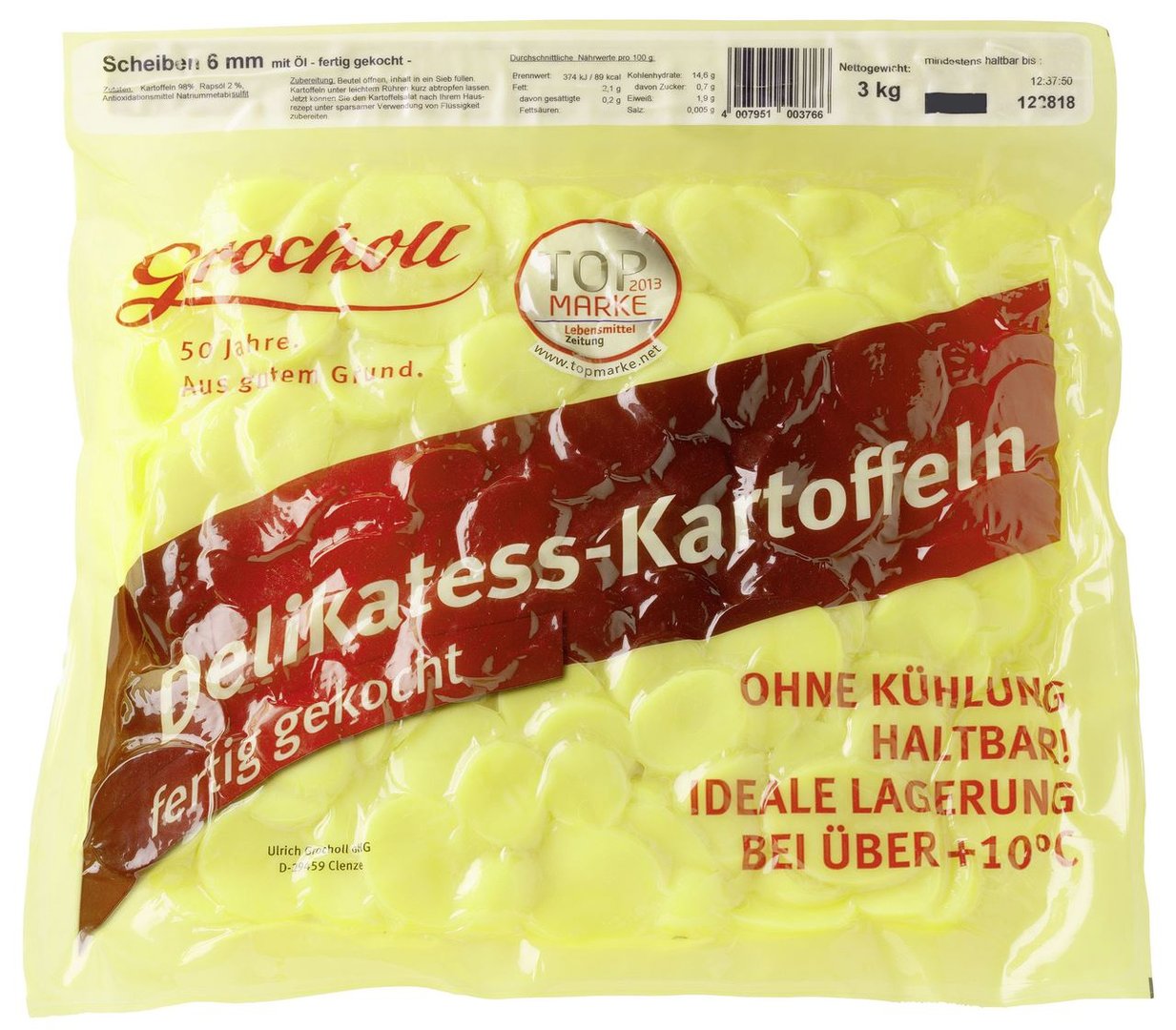 Grocholl - Kartoffel Scheiben in Öl, Kartoffeln (98,2 %), Rapsöl (1,8 %), 6 mm - 3 kg Beutel